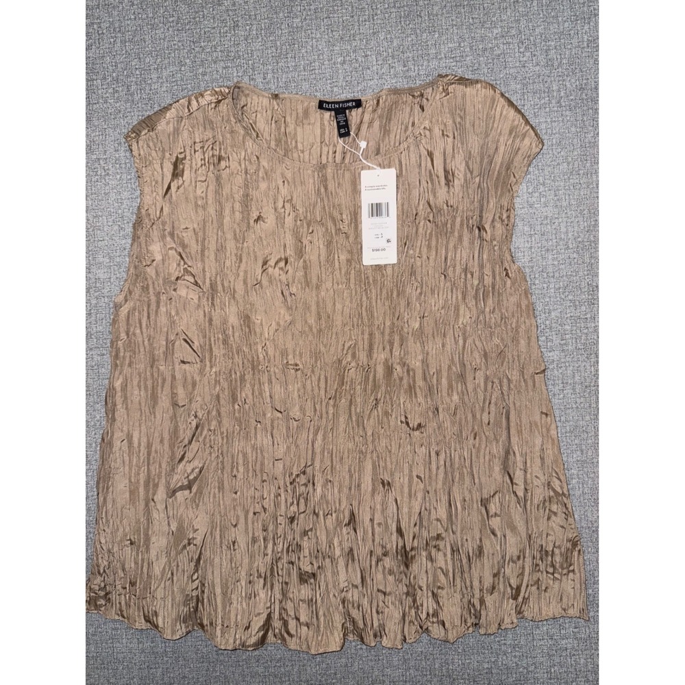 $198 NWT Eileen Fisher S Ballet Neck Top Cocoa Crushed Silk Crinkle Cap Sleeve